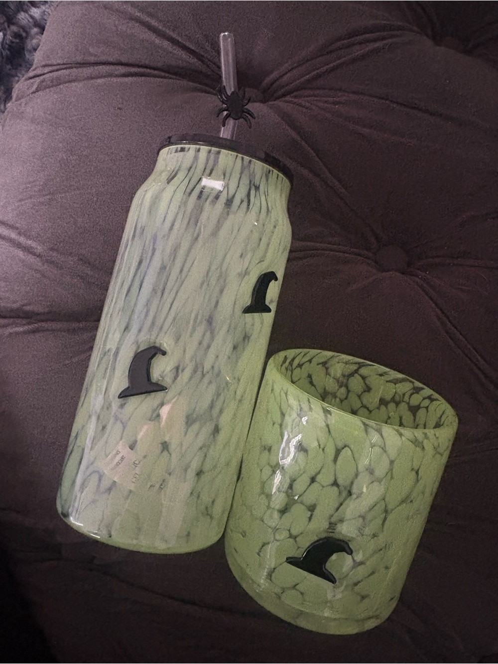 Light Green Marbled Glass Tumbler and Candle Holder Set - Unbranded